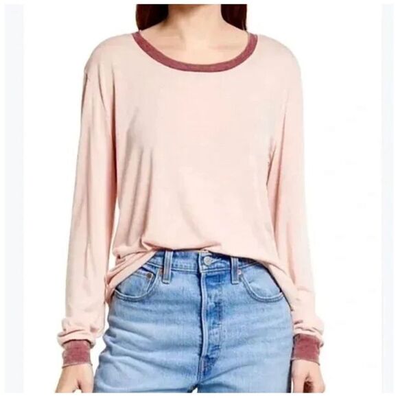 Treasure & Bond Nordstrom Womens Pink Long Sleeve Ringer Tee Top Size XL NWT - Picture 3 of 10